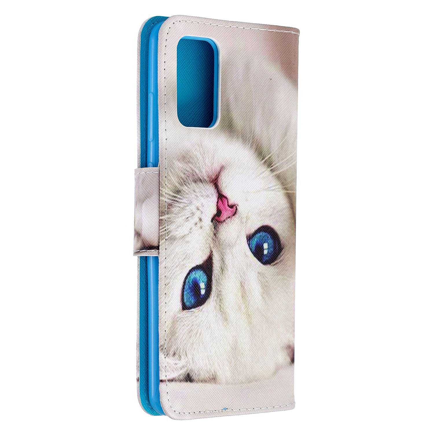 Cross Texture Pattern Printing Leather Wallet Phone Casing for Samsung Galaxy S20 Plus - White Cat