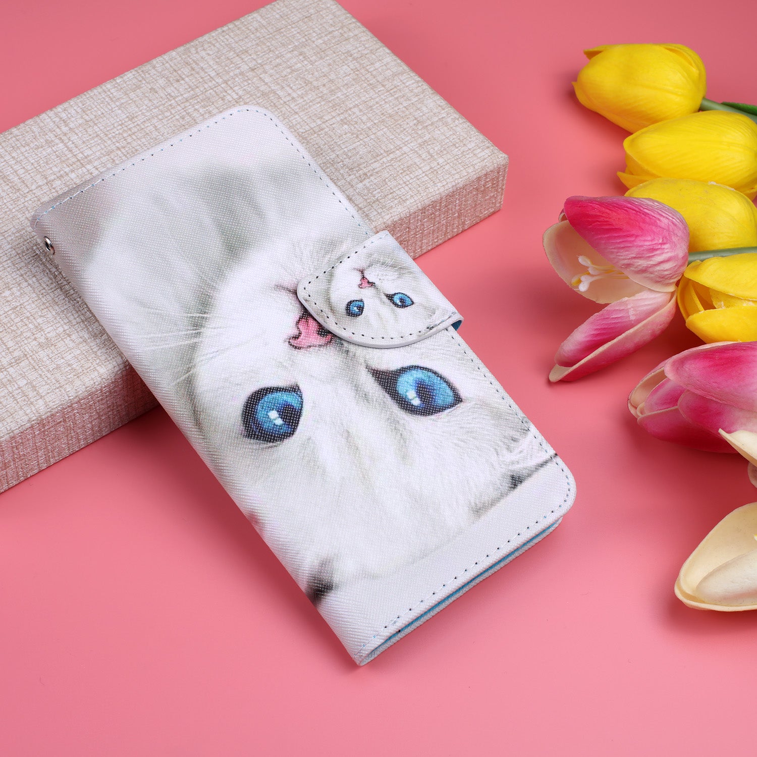 Cross Texture Pattern Printing Leather Wallet Phone Casing for Samsung Galaxy S20 Plus - White Cat