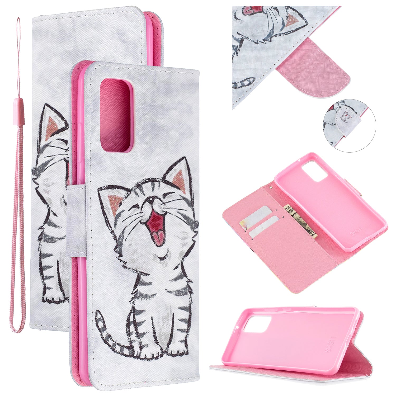 Cross Texture Pattern Printing Leather Wallet Phone Casing for Samsung Galaxy S20 Plus - Cute Cat