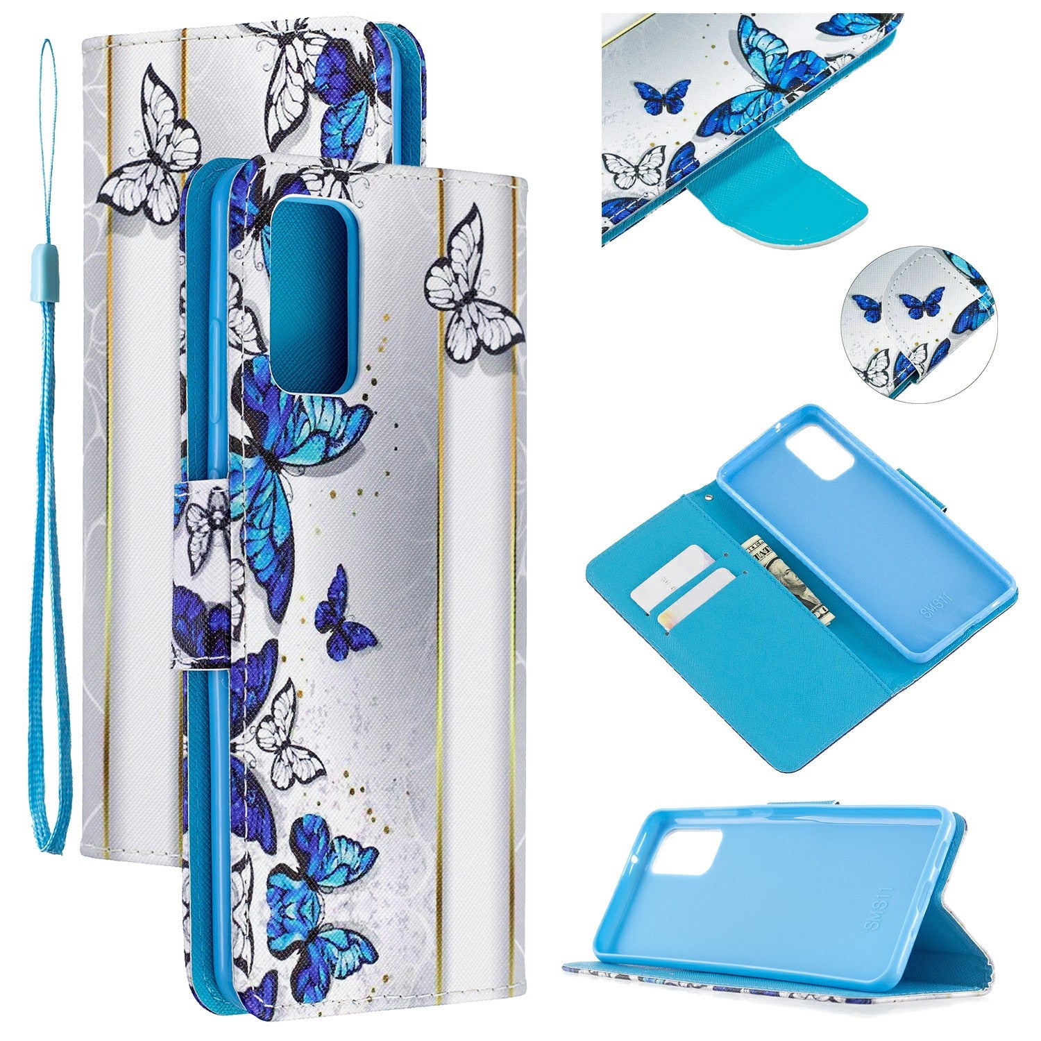 Cross Texture Pattern Printing Leather Wallet Phone Casing for Samsung Galaxy S20 Plus - Blue Butterflies