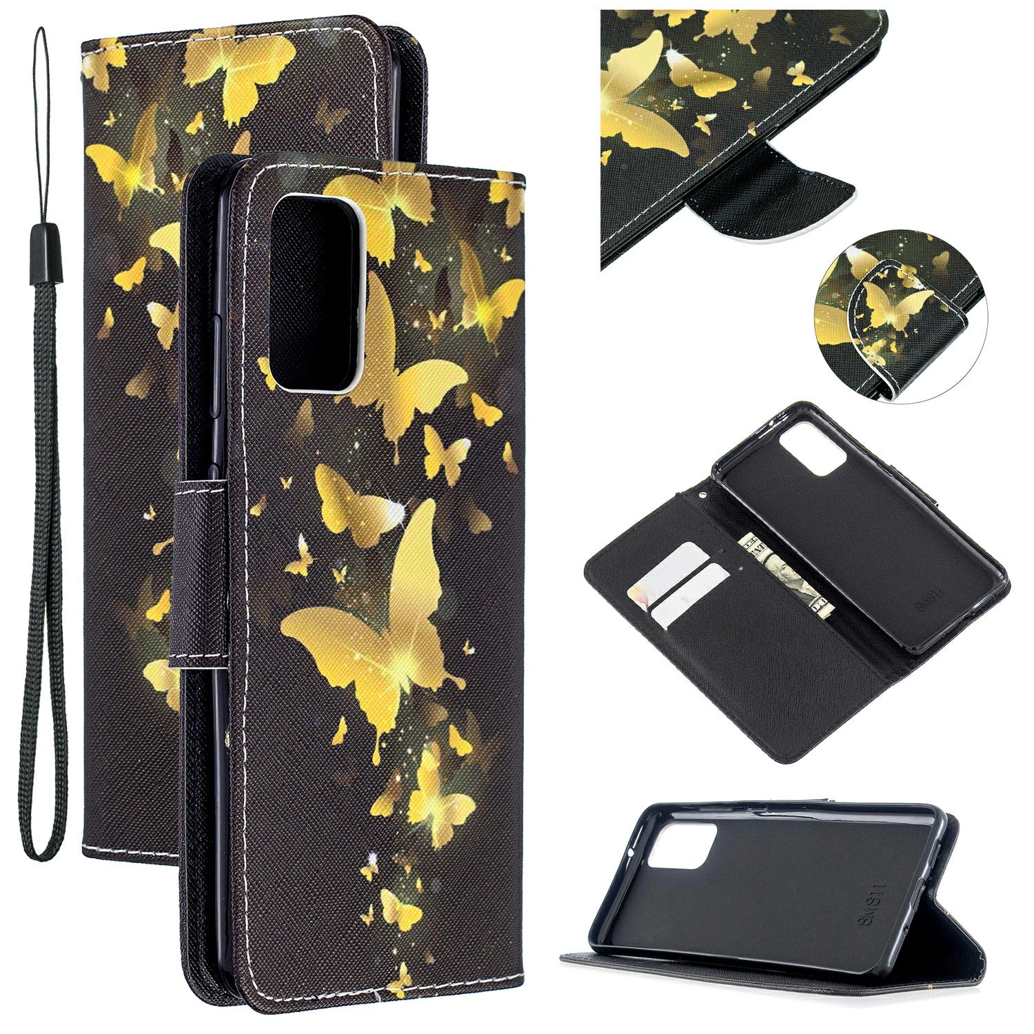 Cross Texture Pattern Printing Leather Wallet Phone Casing for Samsung Galaxy S20 Plus - Gold Butterflies