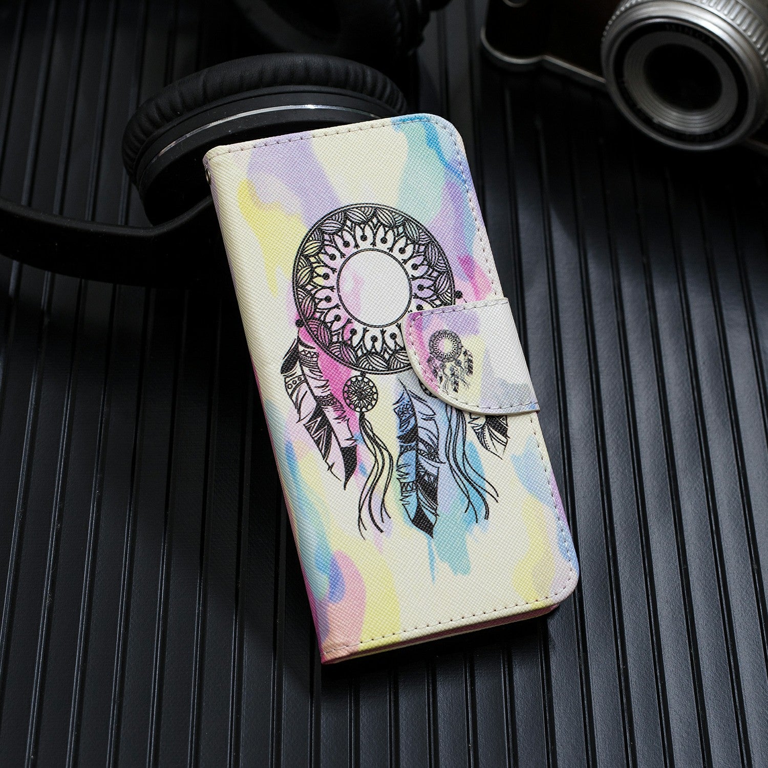 Cross Texture Pattern Printing Leather Wallet Phone Casing for Samsung Galaxy S20 Plus - Dream Catcher