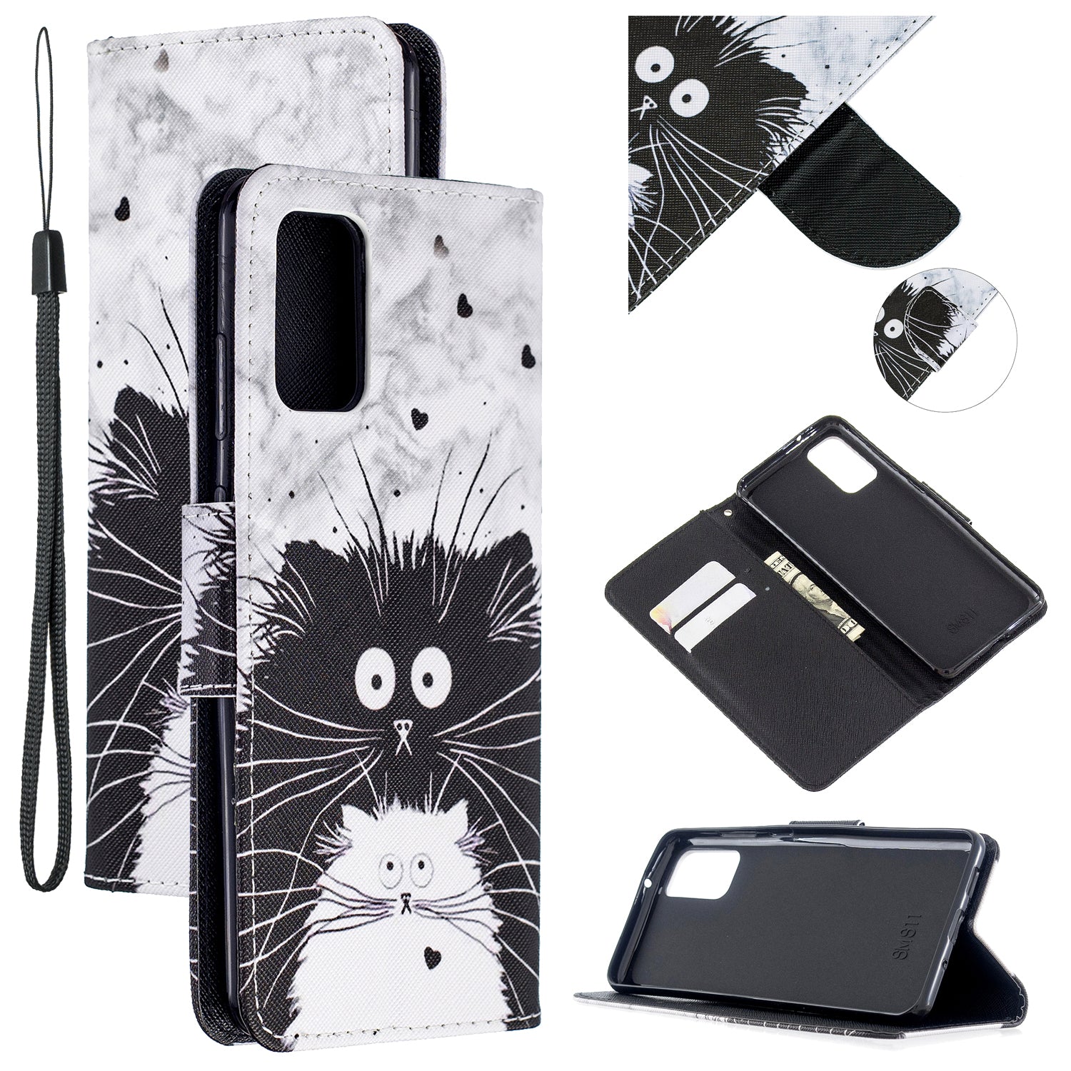 Cross Texture Pattern Printing Leather Wallet Phone Casing for Samsung Galaxy S20 Plus - Black and White Cats