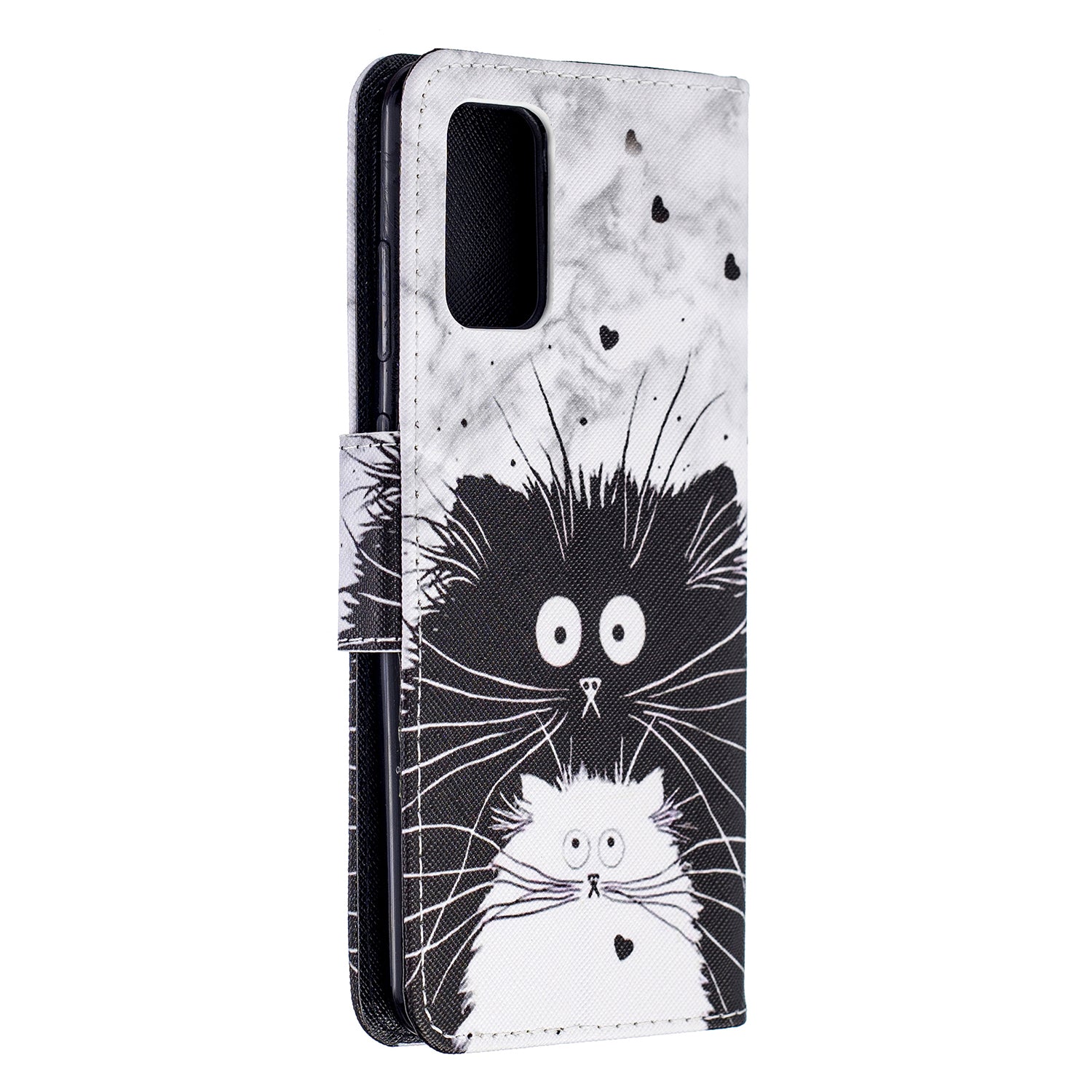 Cross Texture Pattern Printing Leather Wallet Phone Casing for Samsung Galaxy S20 Plus - Black and White Cats