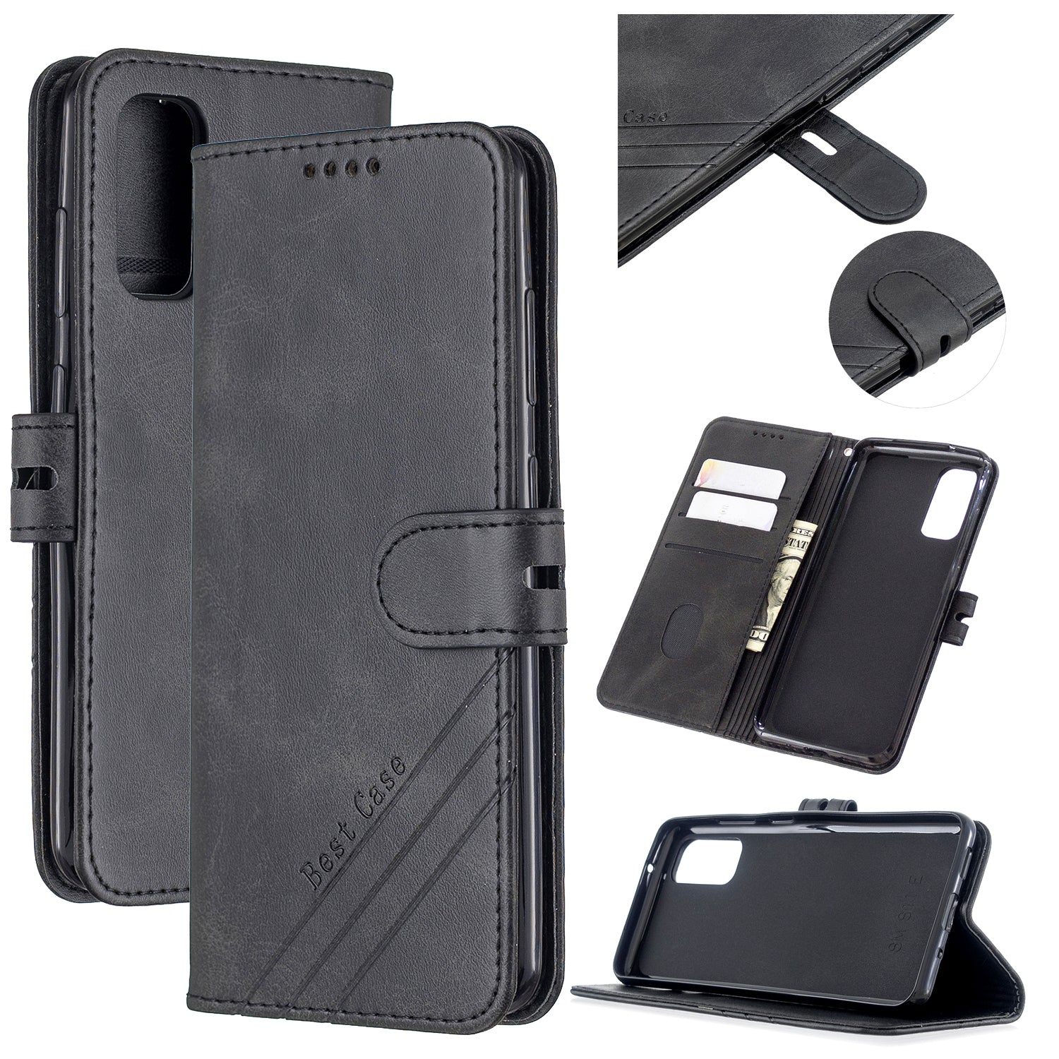 Wallet Leather Stand Phone Cover with Lanyard for Samsung Galaxy S20 4G/S20 5G - Black