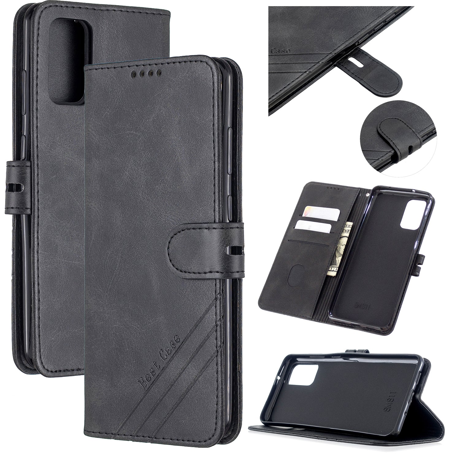 Wallet Leather Stand Phone Cover with Lanyard for Samsung Galaxy S20 Plus - Black