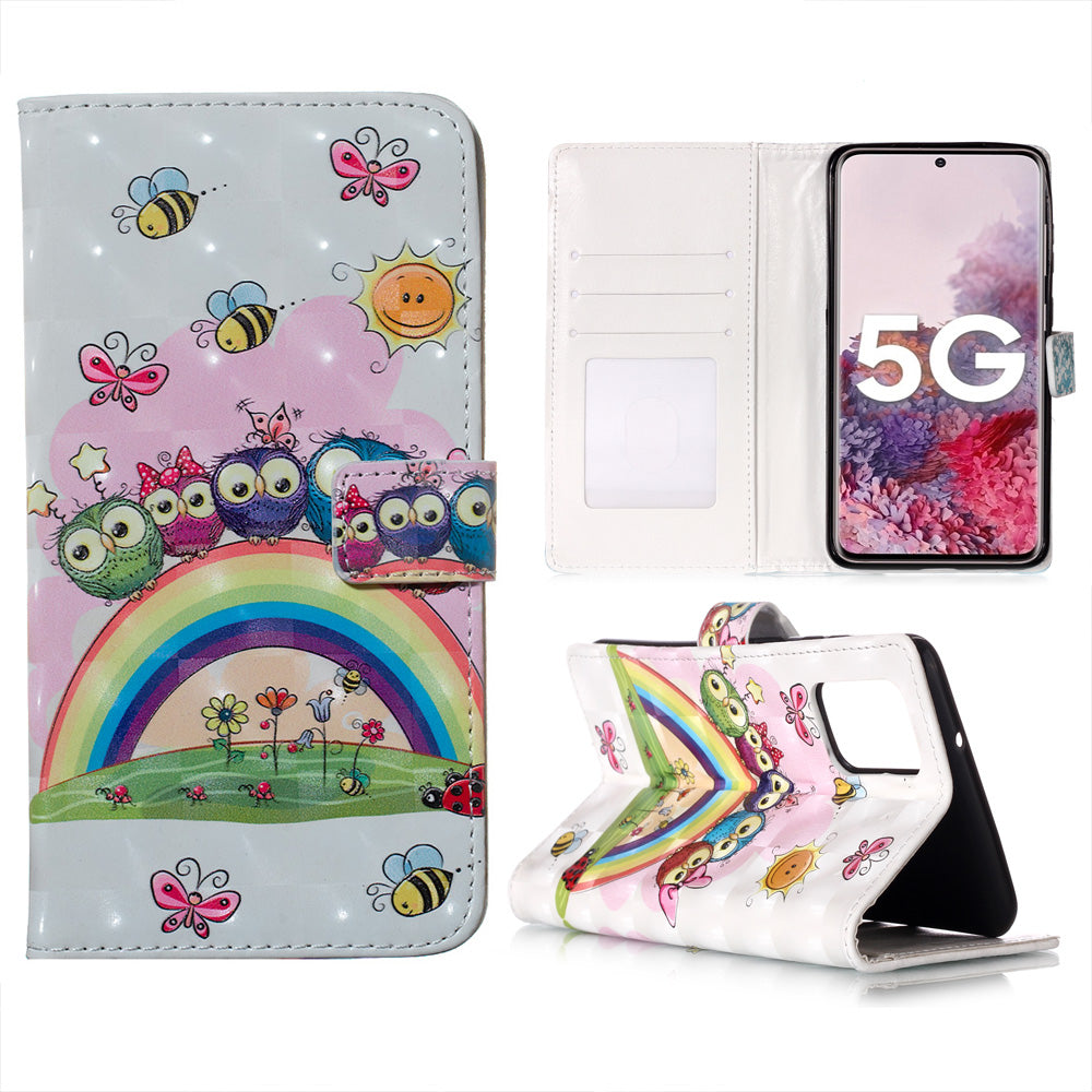 3D Colored Carving Pattern Printing Wallet Leather Shell for Samsung Galaxy S20 Plus/S20 Plus 5G - Rainbow