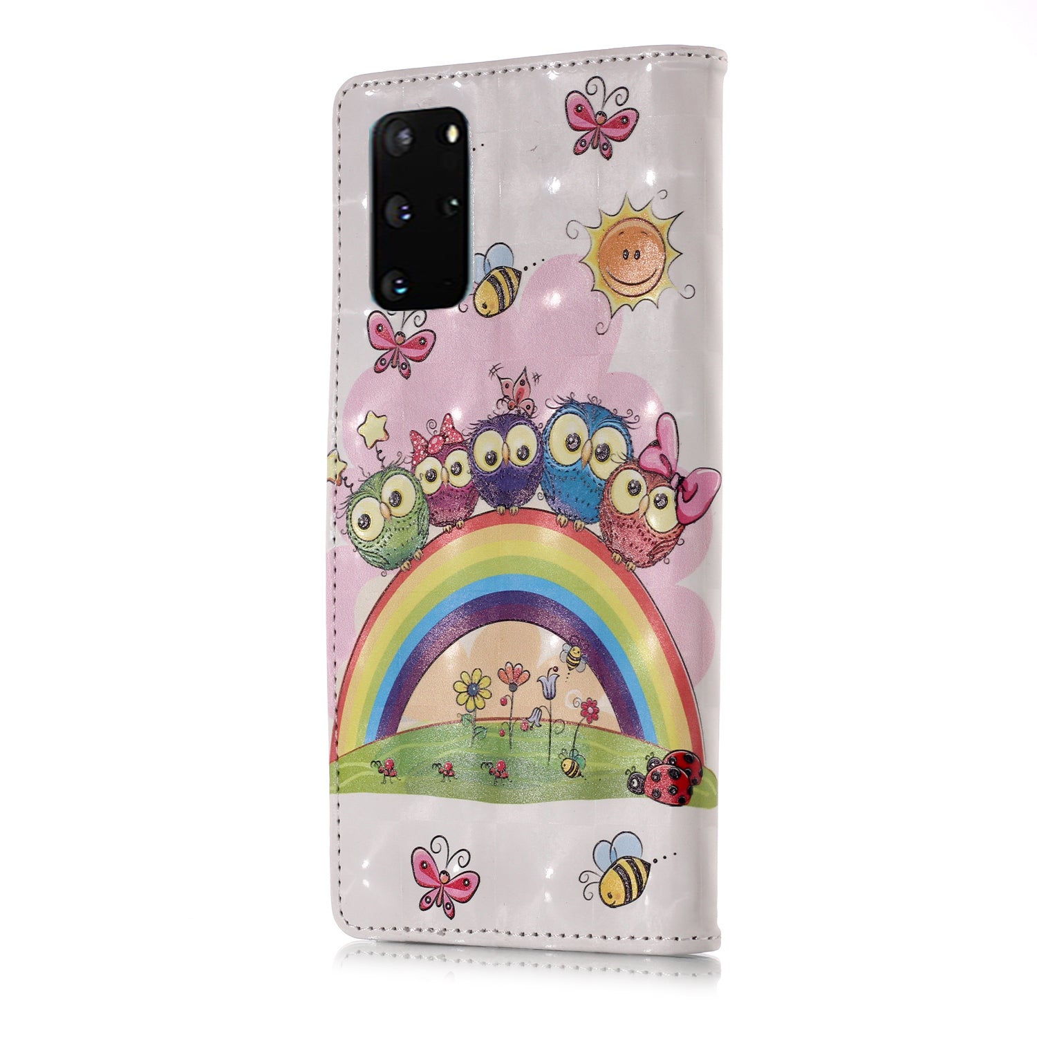 3D Colored Carving Pattern Printing Wallet Leather Shell for Samsung Galaxy S20 Plus/S20 Plus 5G - Rainbow