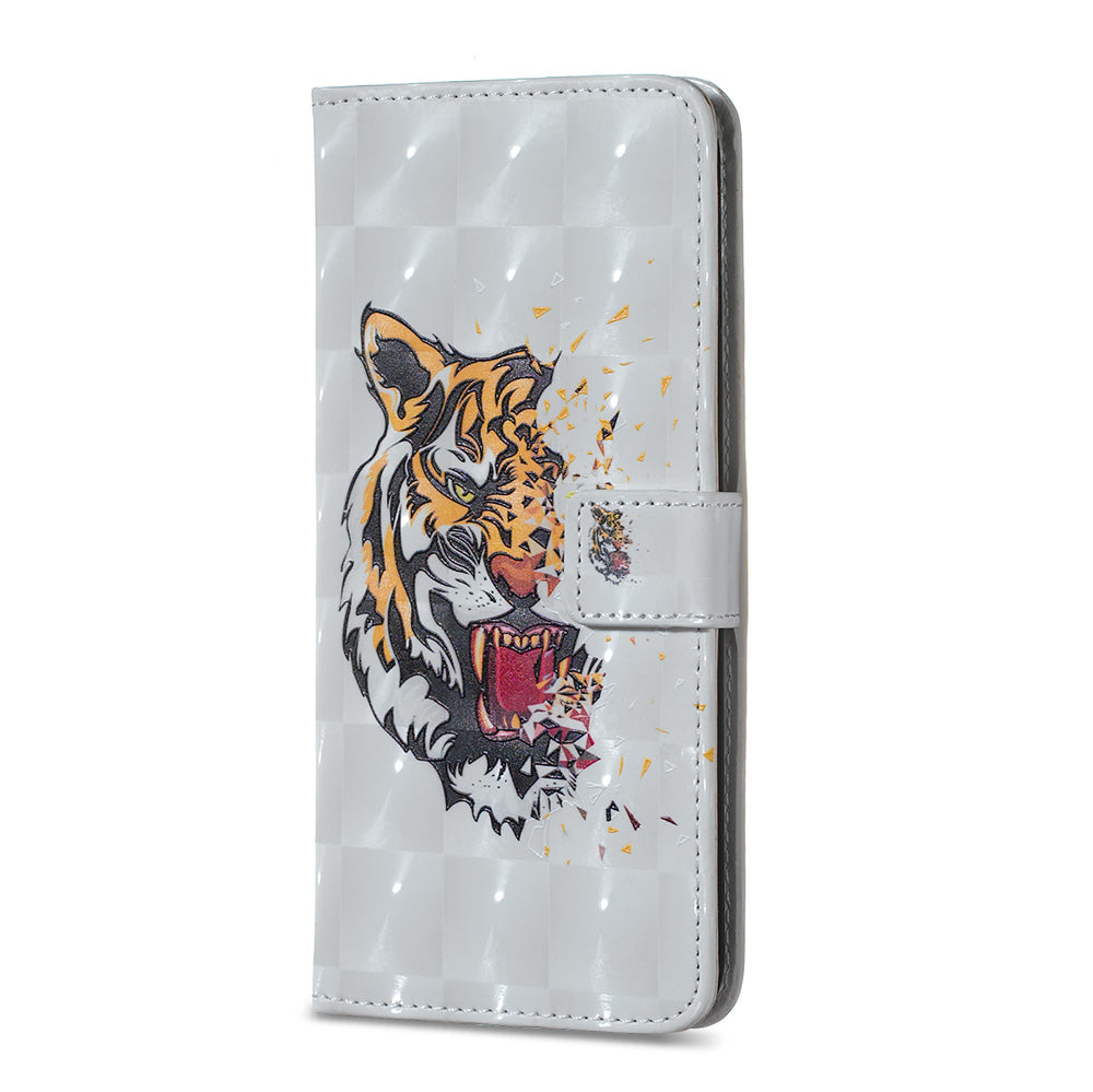 3D Colored Carving Pattern Printing Wallet Leather Shell for Samsung Galaxy S20 Plus/S20 Plus 5G - Tiger