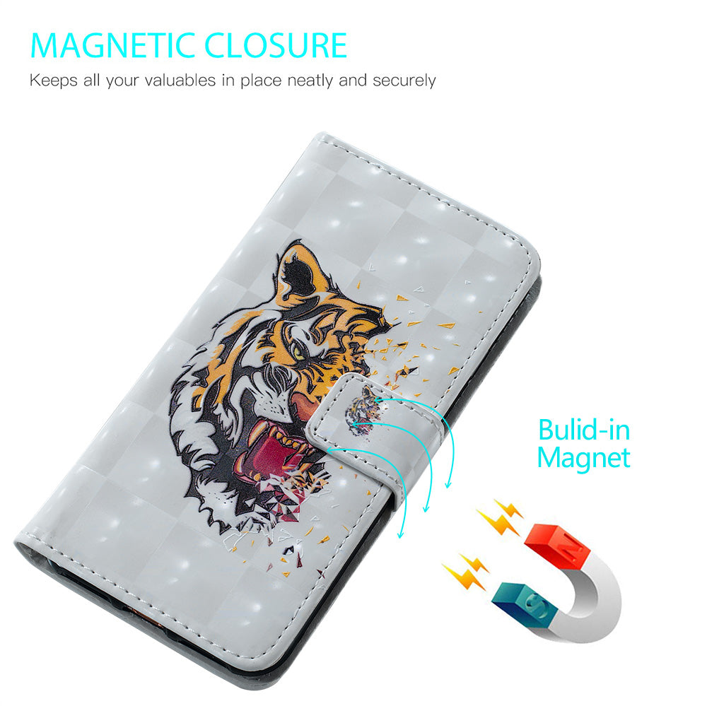 3D Colored Carving Pattern Printing Wallet Leather Shell for Samsung Galaxy S20 Plus/S20 Plus 5G - Tiger