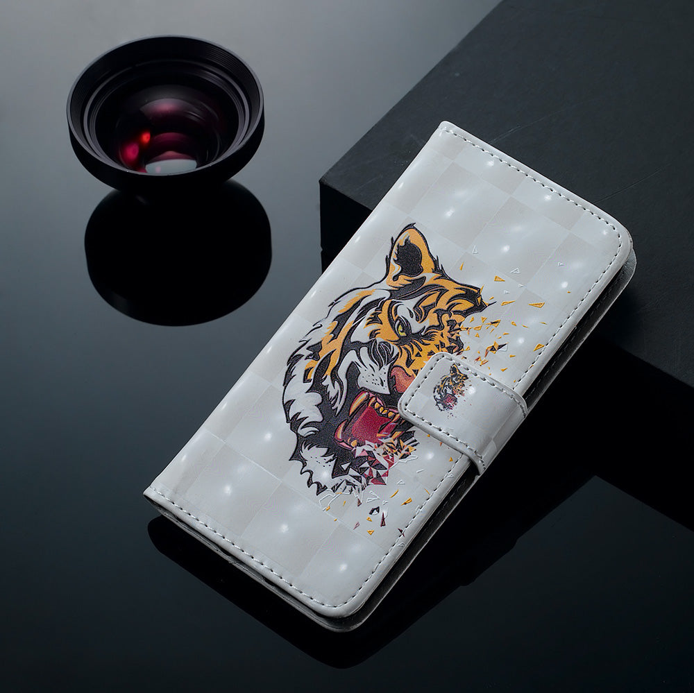 3D Colored Carving Pattern Printing Wallet Leather Shell for Samsung Galaxy S20 Plus/S20 Plus 5G - Tiger