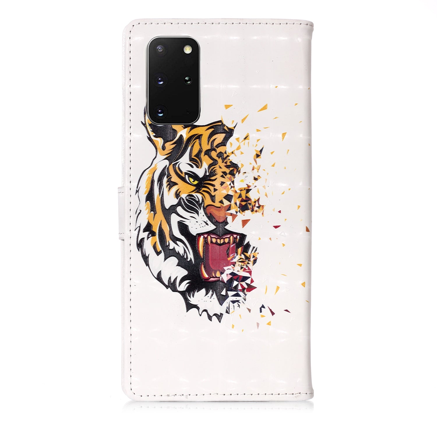 3D Colored Carving Pattern Printing Wallet Leather Shell for Samsung Galaxy S20 Plus/S20 Plus 5G - Tiger