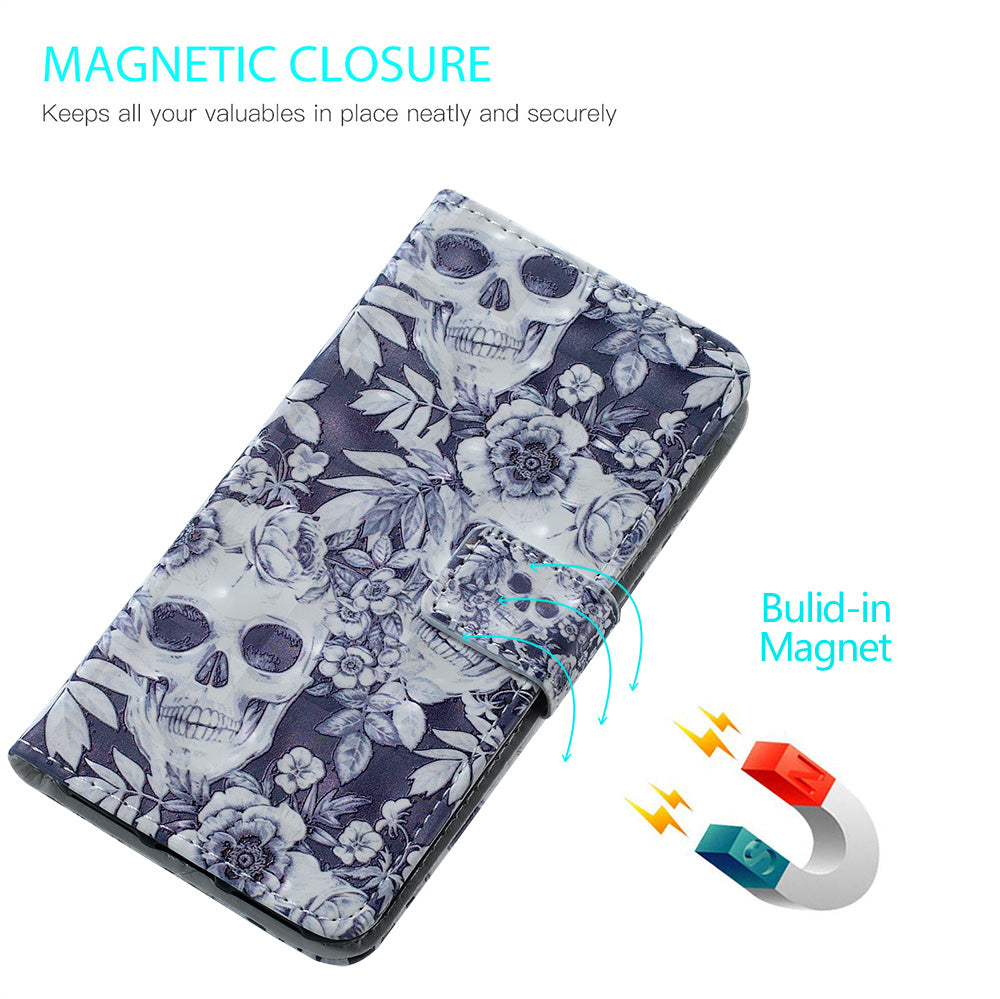 3D Colored Carving Pattern Printing Wallet Leather Shell for Samsung Galaxy S20 Plus/S20 Plus 5G - Skull