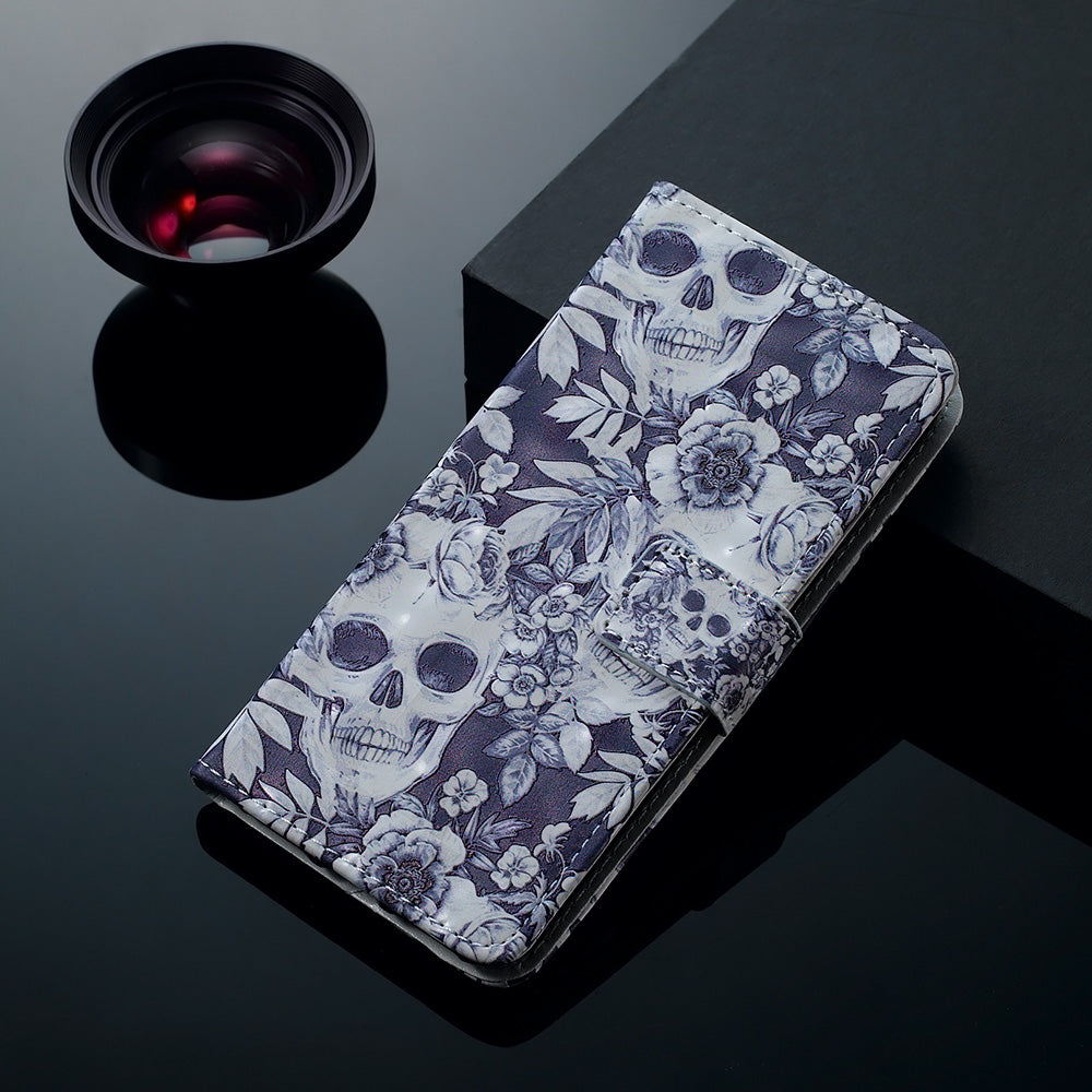 3D Colored Carving Pattern Printing Wallet Leather Shell for Samsung Galaxy S20 Plus/S20 Plus 5G - Skull