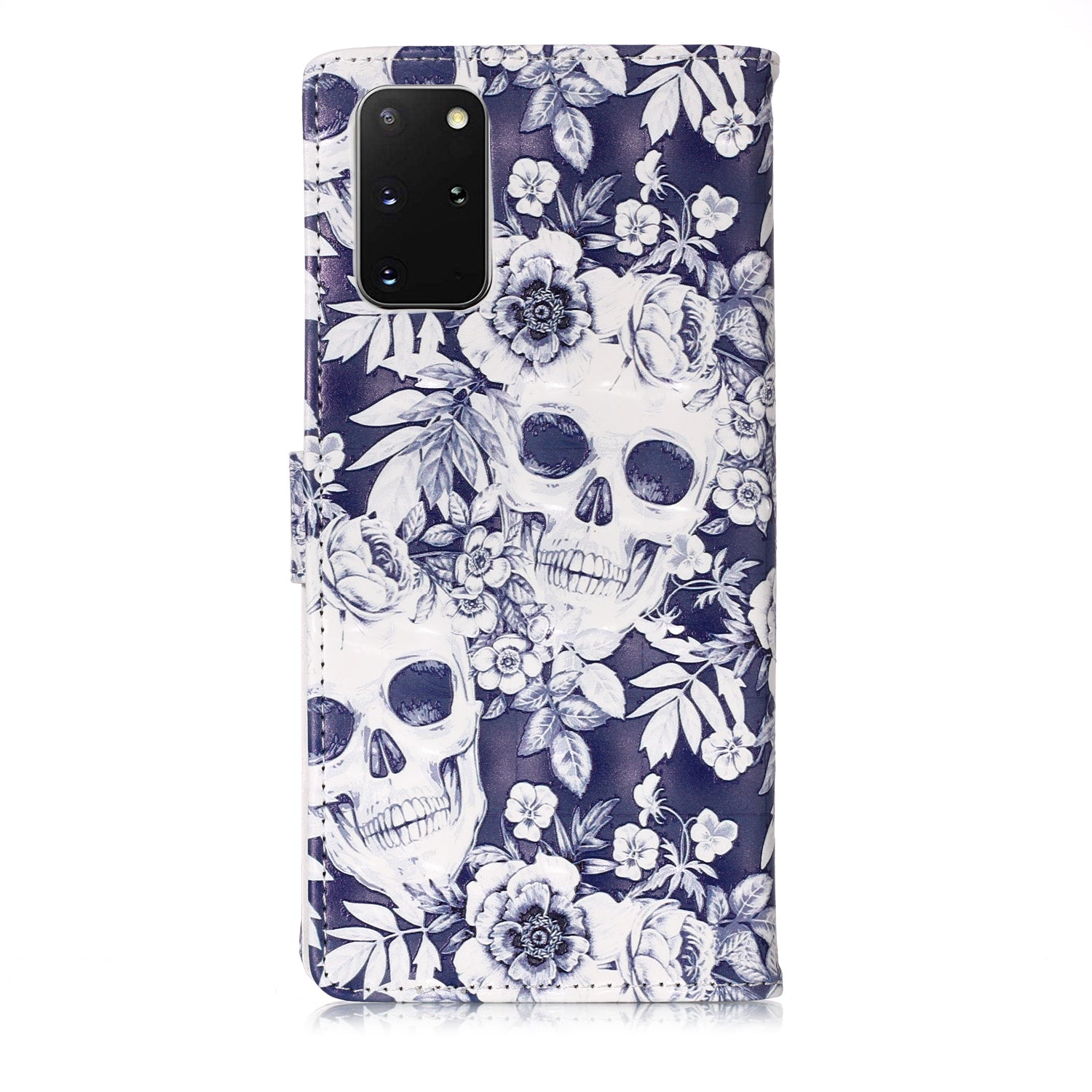 3D Colored Carving Pattern Printing Wallet Leather Shell for Samsung Galaxy S20 Plus/S20 Plus 5G - Skull