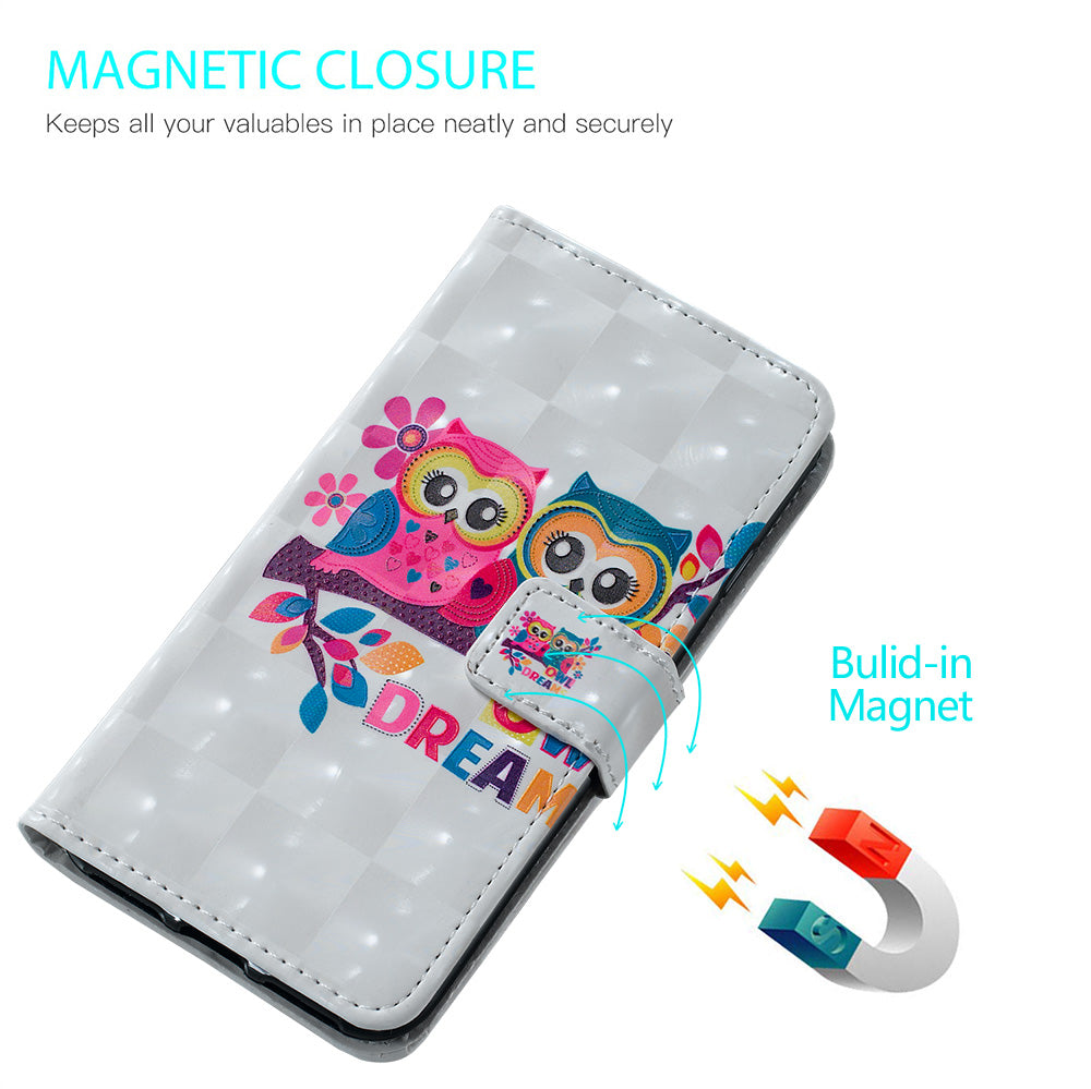 3D Colored Carving Pattern Printing Wallet Leather Shell for Samsung Galaxy S20 Plus/S20 Plus 5G - Couple Owls