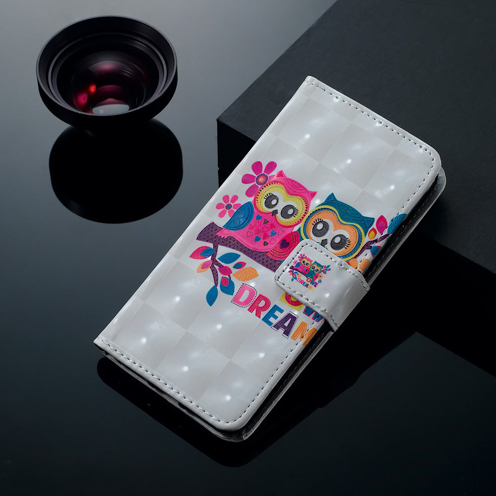 3D Colored Carving Pattern Printing Wallet Leather Shell for Samsung Galaxy S20 Plus/S20 Plus 5G - Couple Owls