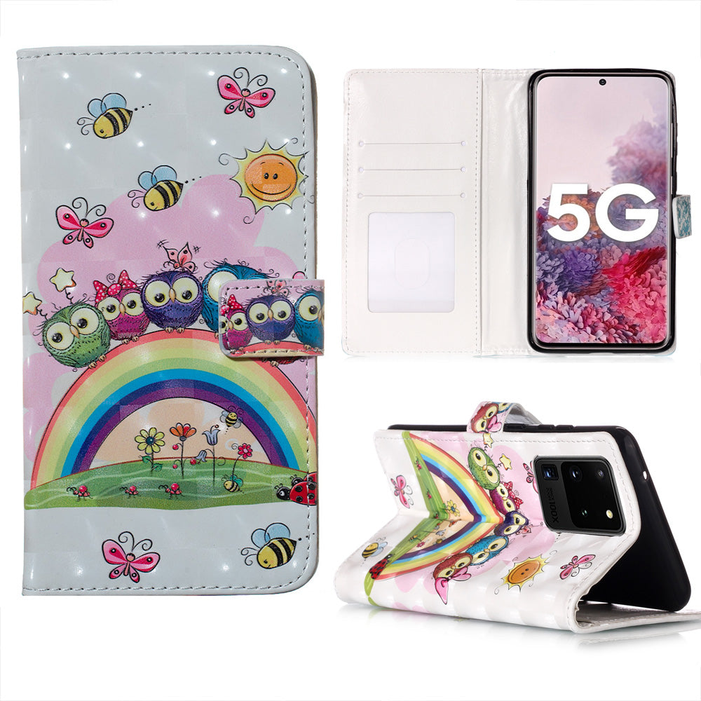 3D Colored Carving Pattern Printing Wallet Leather Phone Case for Samsung Galaxy S20 Ultra - Rainbow