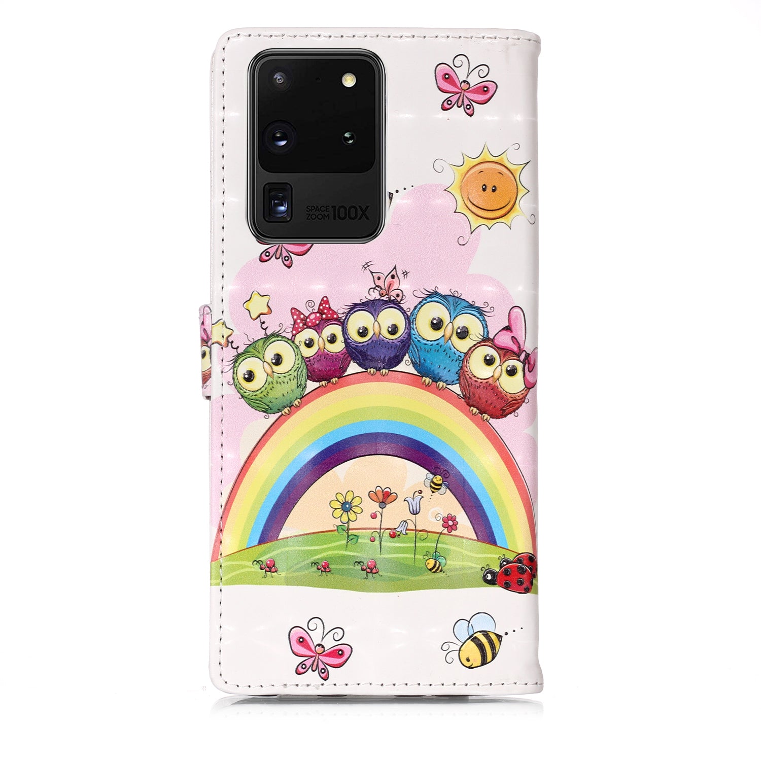 3D Colored Carving Pattern Printing Wallet Leather Phone Case for Samsung Galaxy S20 Ultra - Rainbow