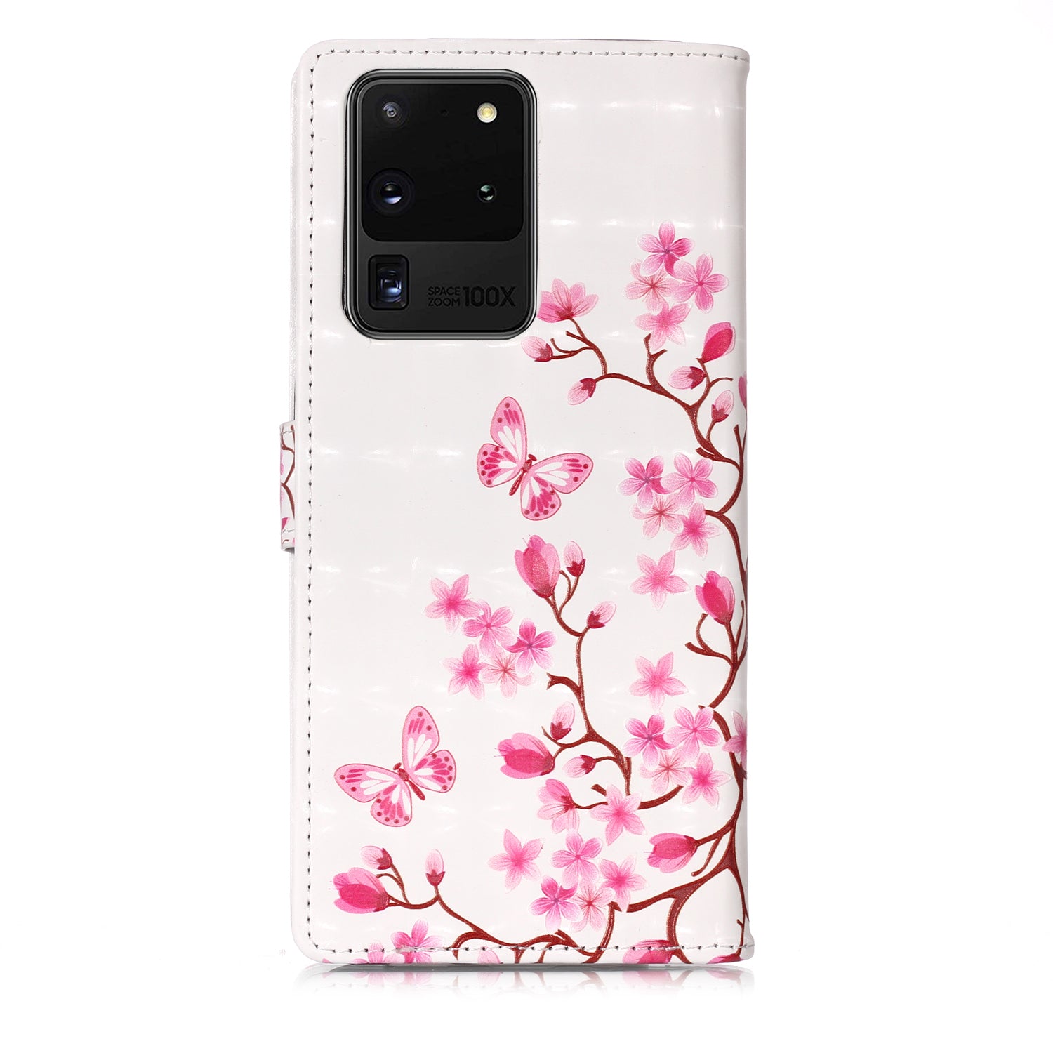 3D Colored Carving Pattern Printing Wallet Leather Phone Case for Samsung Galaxy S20 Ultra - Flowers/Butterfly