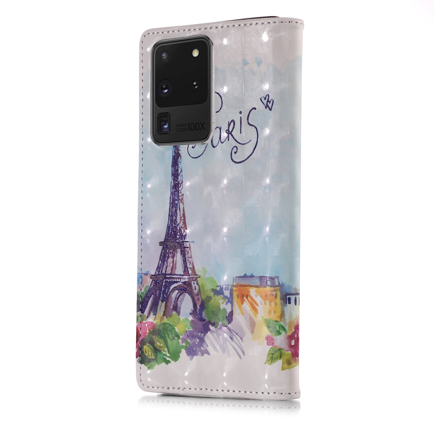 3D Colored Carving Pattern Printing Wallet Leather Phone Case for Samsung Galaxy S20 Ultra - Paris Tower