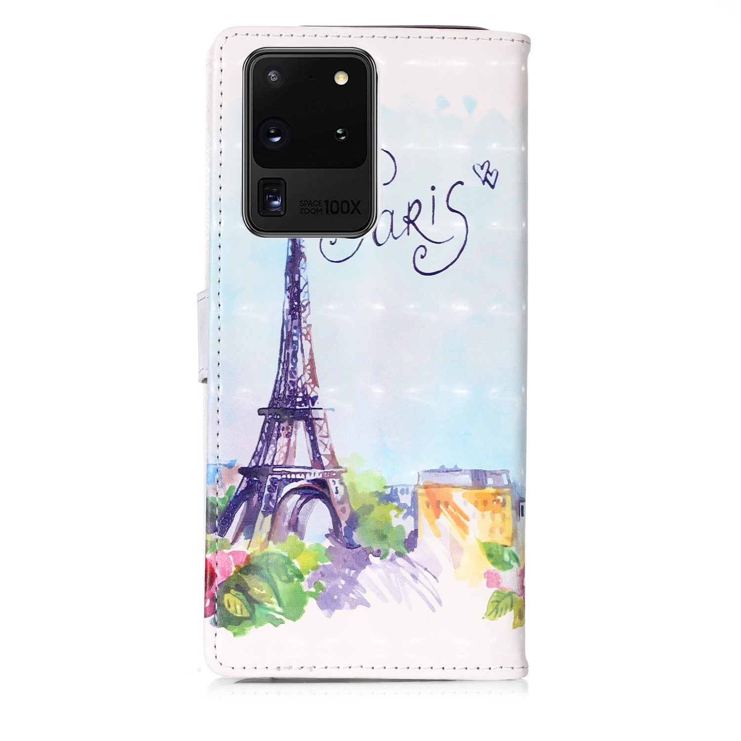 3D Colored Carving Pattern Printing Wallet Leather Phone Case for Samsung Galaxy S20 Ultra - Paris Tower