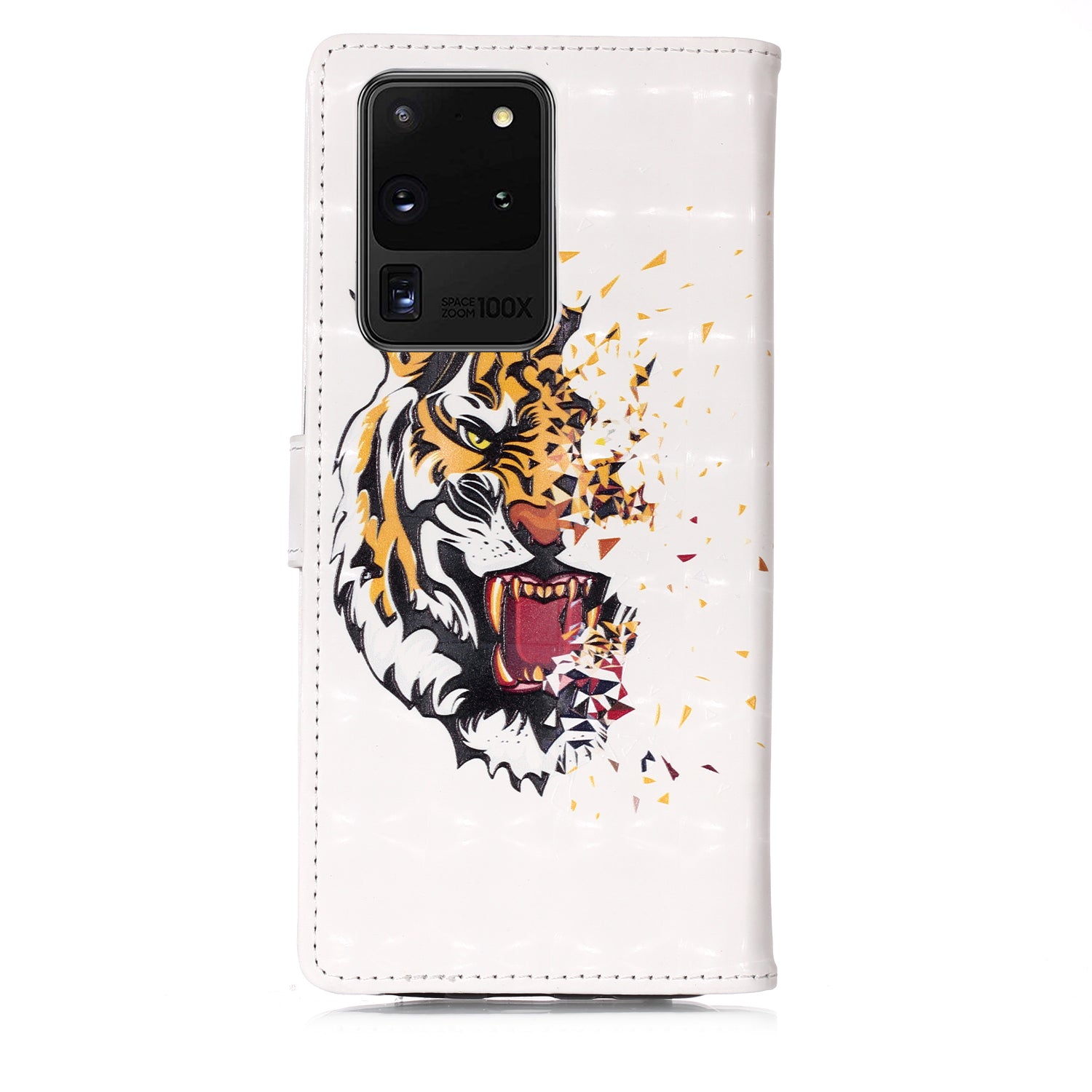 3D Colored Carving Pattern Printing Wallet Leather Phone Case for Samsung Galaxy S20 Ultra - Tiger