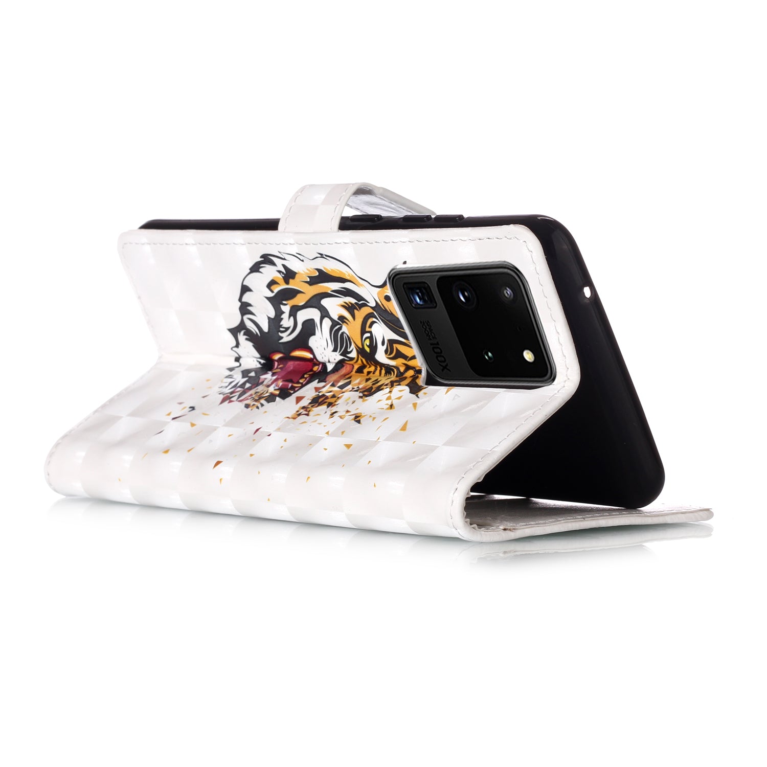 3D Colored Carving Pattern Printing Wallet Leather Phone Case for Samsung Galaxy S20 Ultra - Tiger