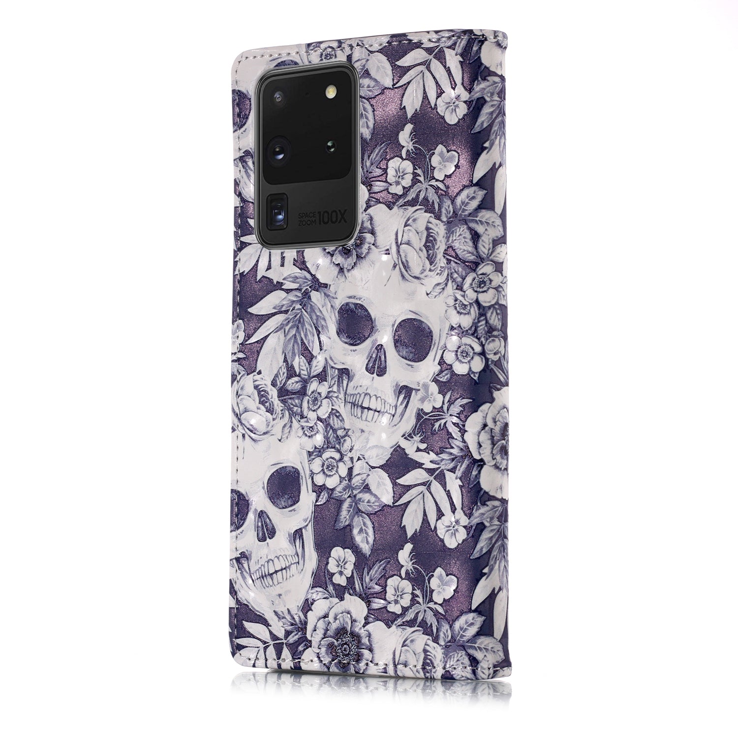 3D Colored Carving Pattern Printing Wallet Leather Phone Case for Samsung Galaxy S20 Ultra - Skull