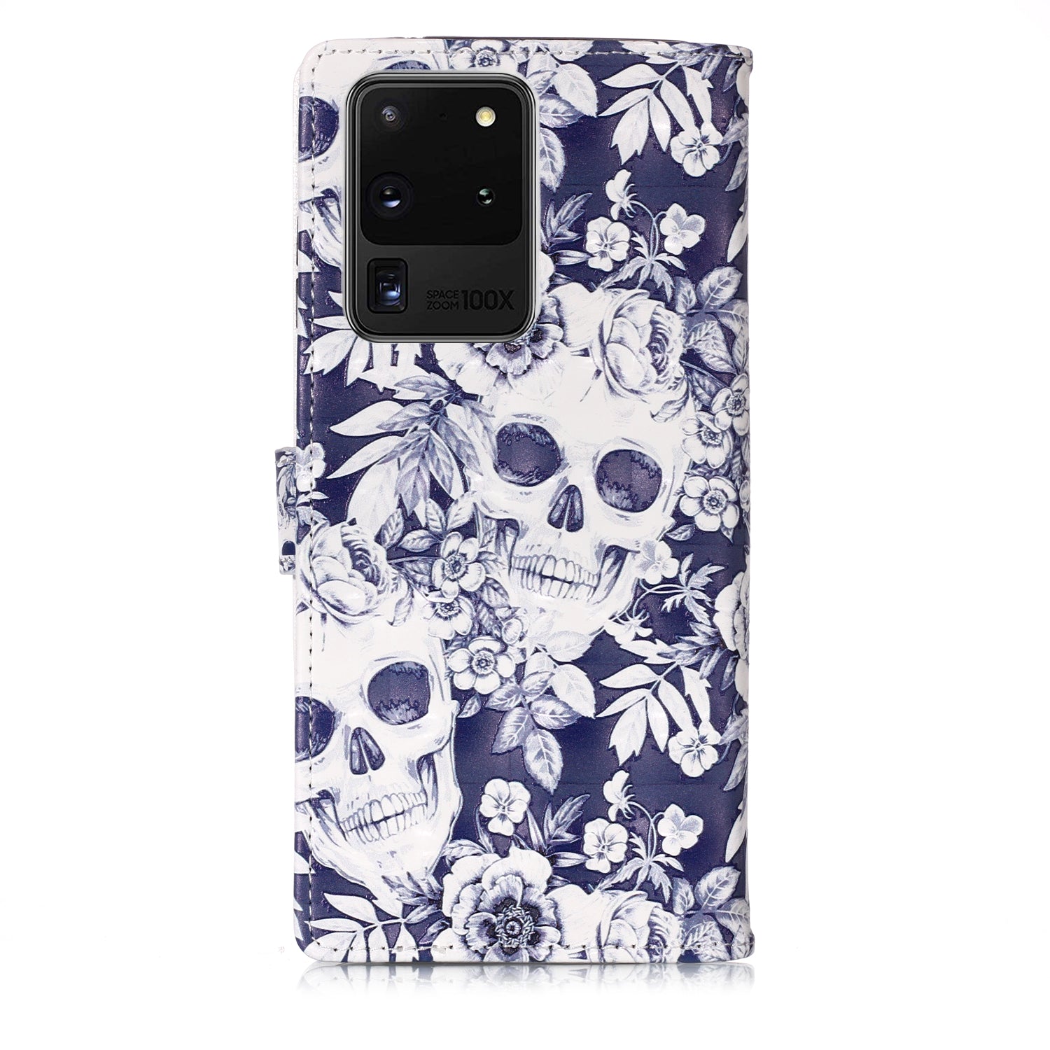 3D Colored Carving Pattern Printing Wallet Leather Phone Case for Samsung Galaxy S20 Ultra - Skull