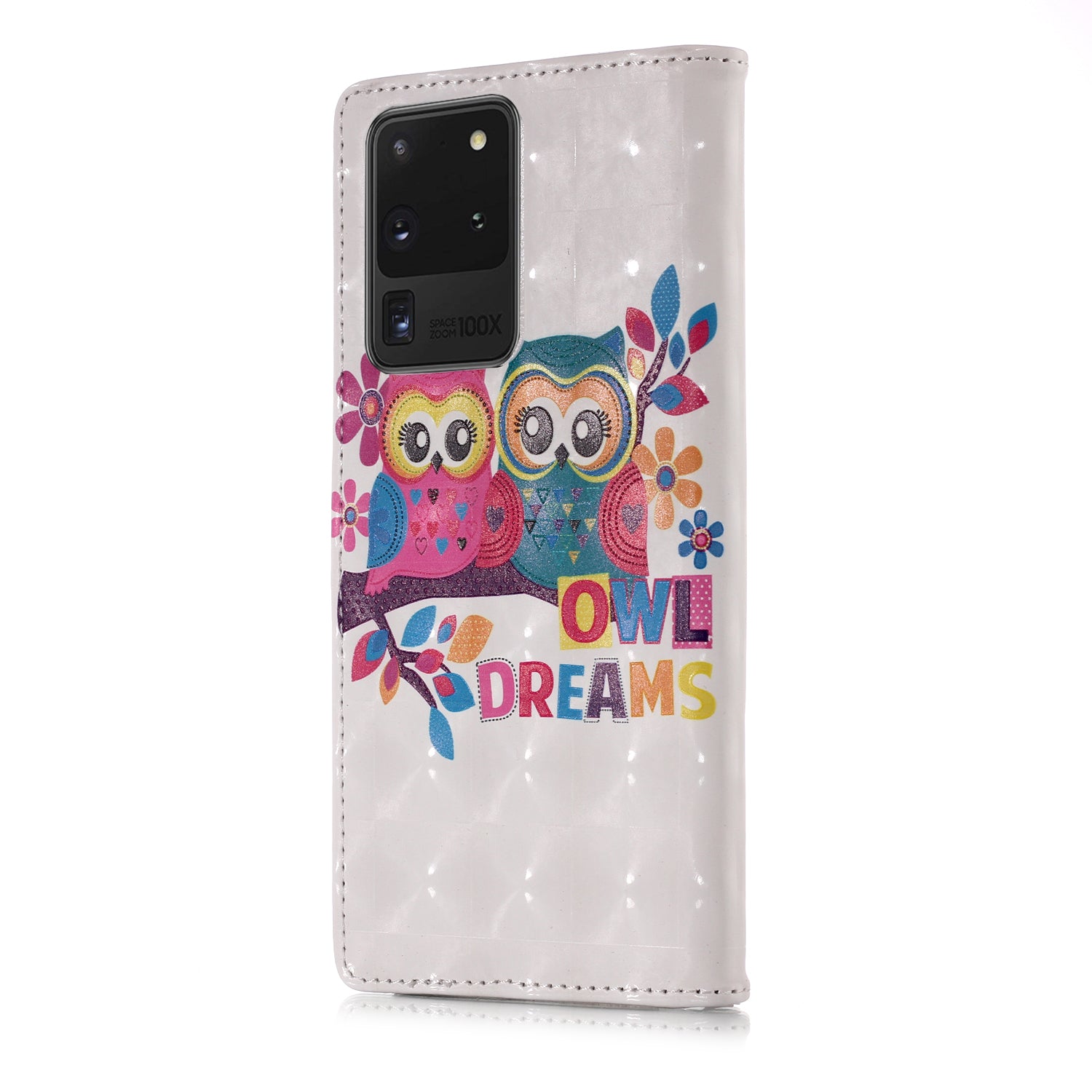 3D Colored Carving Pattern Printing Wallet Leather Phone Case for Samsung Galaxy S20 Ultra - Couple Owls