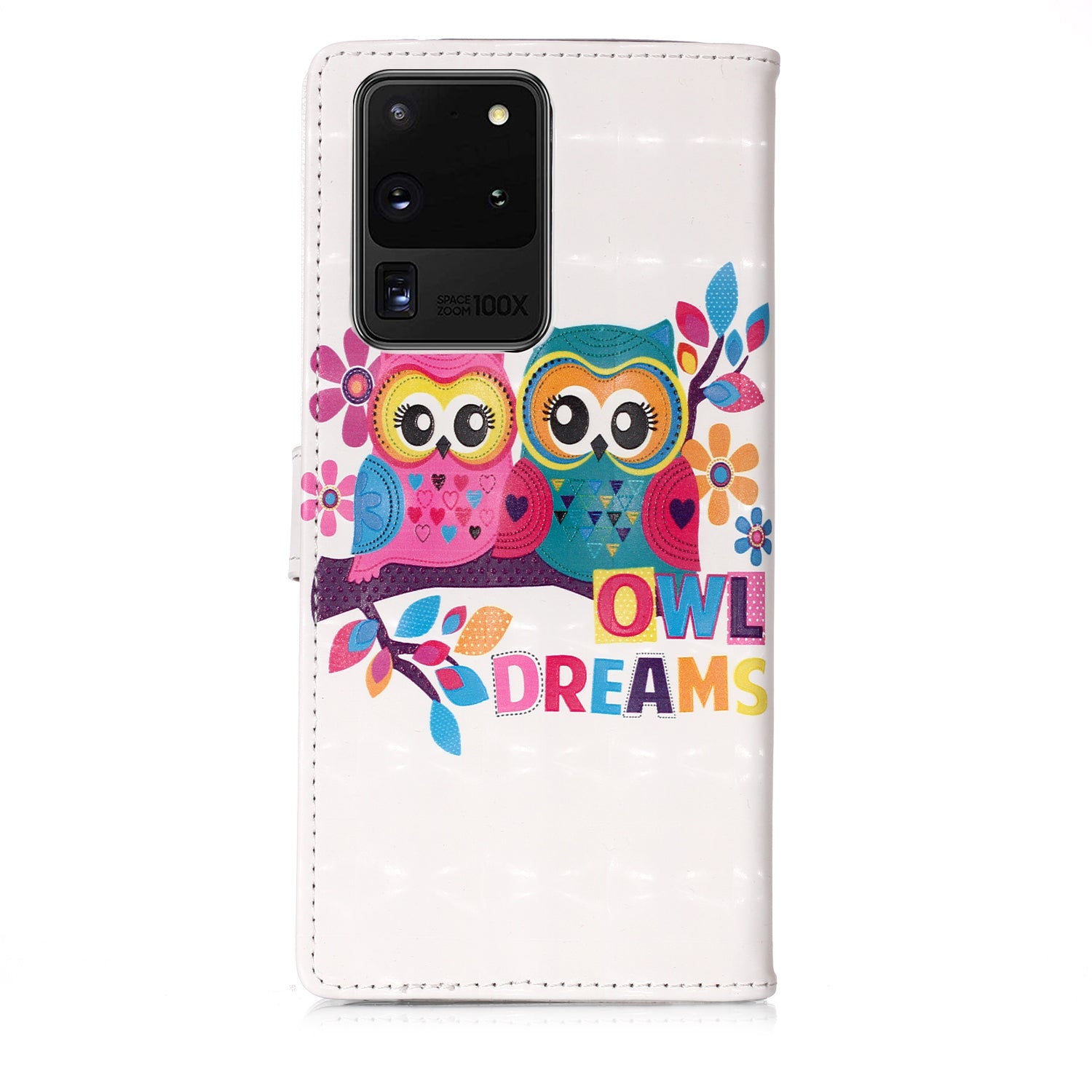 3D Colored Carving Pattern Printing Wallet Leather Phone Case for Samsung Galaxy S20 Ultra - Couple Owls