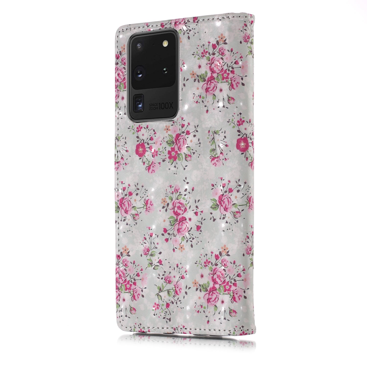 3D Colored Carving Pattern Printing Wallet Leather Phone Case for Samsung Galaxy S20 Ultra - Flowers