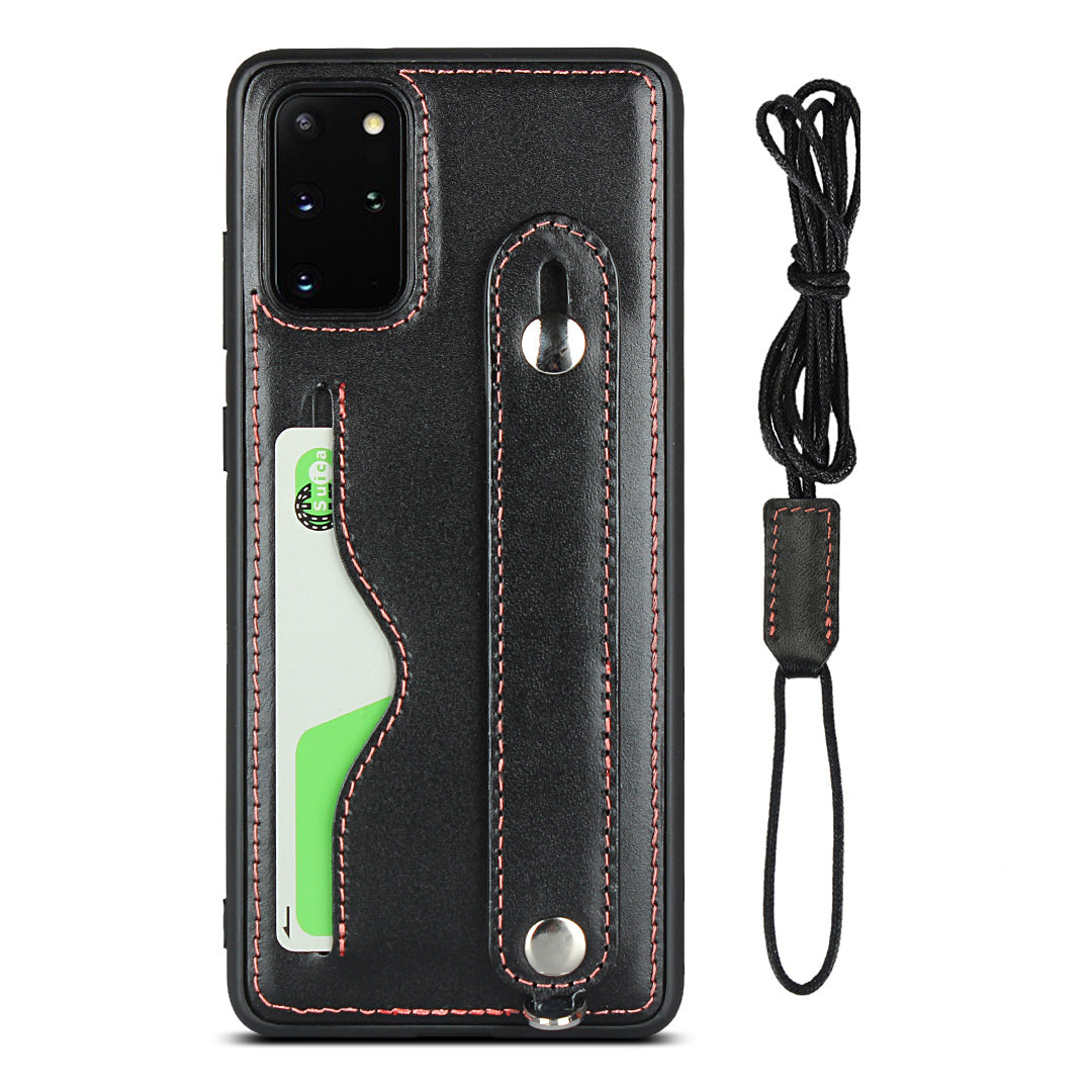 Handy Strap Kickstand Card Holder Genuine Leather Coated TPU Phone Cover with Lanyard for Samsung Galaxy S20 Plus / S20 Plus 5G - Black