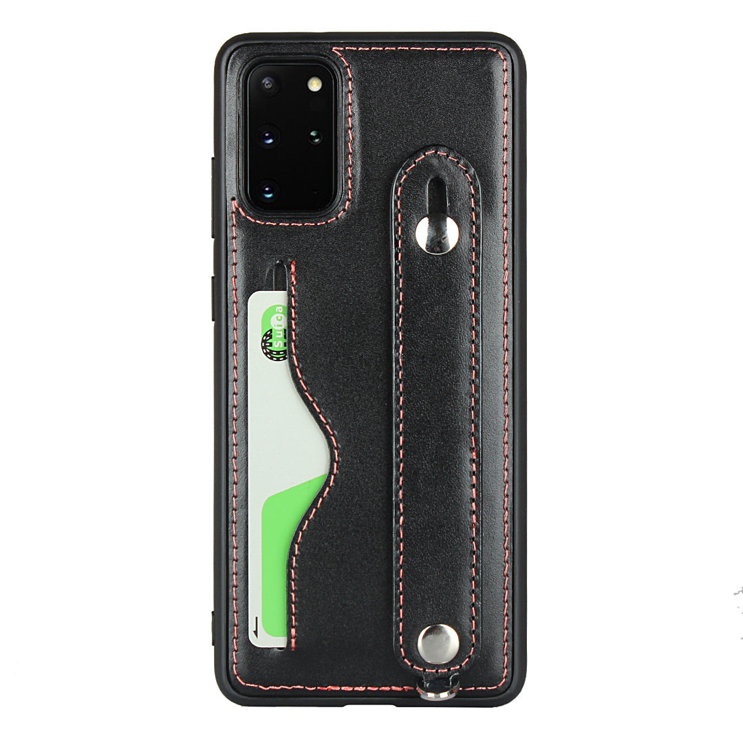 Handy Strap Kickstand Card Holder Genuine Leather Coated TPU Phone Cover with Lanyard for Samsung Galaxy S20 Plus / S20 Plus 5G - Black