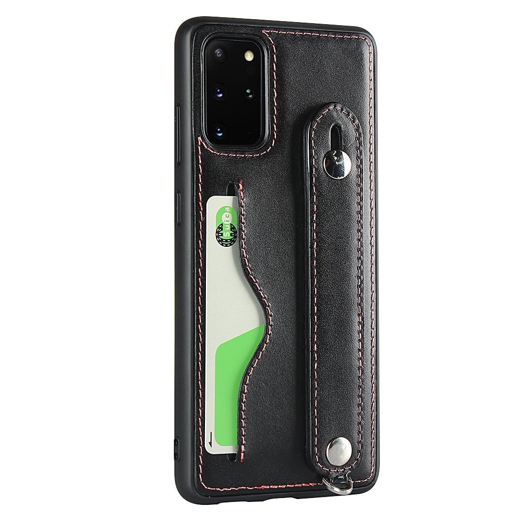 Handy Strap Kickstand Card Holder Genuine Leather Coated TPU Phone Cover with Lanyard for Samsung Galaxy S20 Plus / S20 Plus 5G - Black