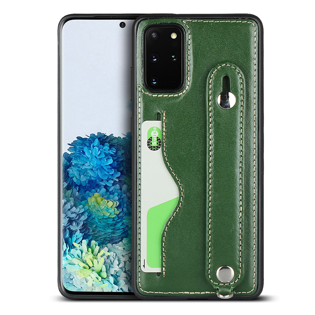 Handy Strap Kickstand Card Holder Genuine Leather Coated TPU Phone Cover with Lanyard for Samsung Galaxy S20 Plus / S20 Plus 5G - Green