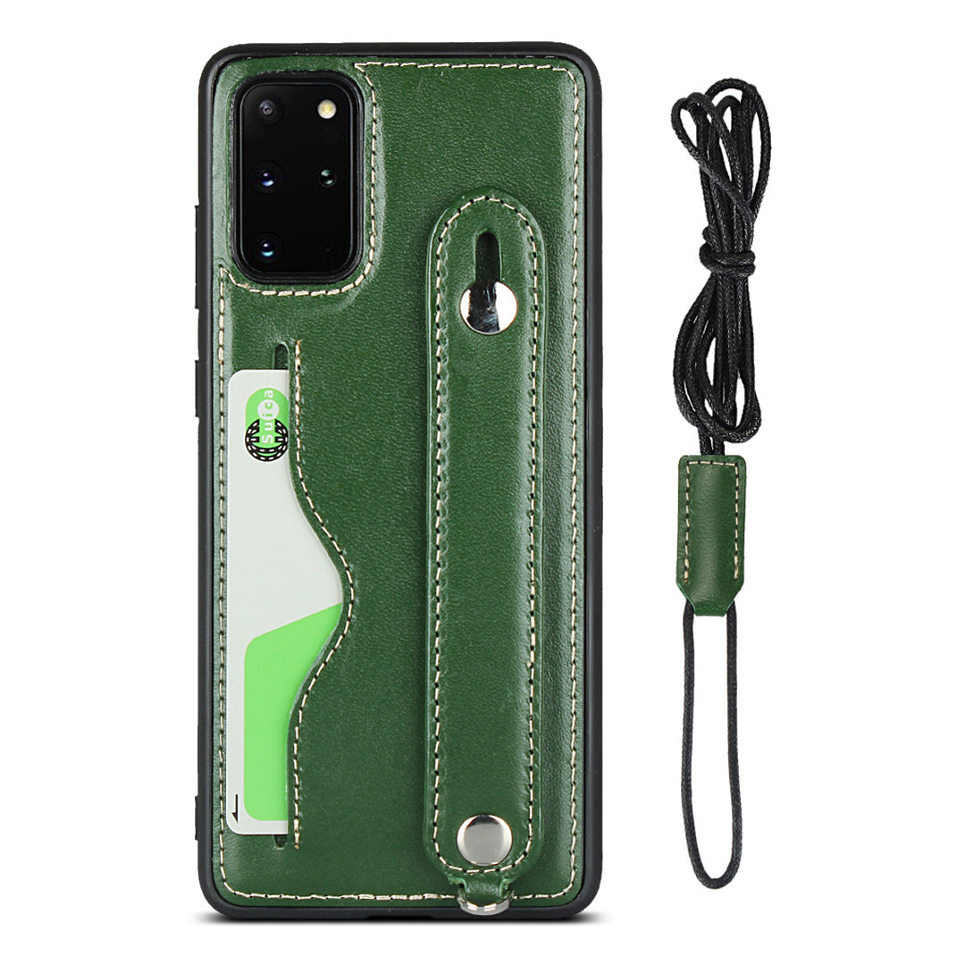 Handy Strap Kickstand Card Holder Genuine Leather Coated TPU Phone Cover with Lanyard for Samsung Galaxy S20 Plus / S20 Plus 5G - Green