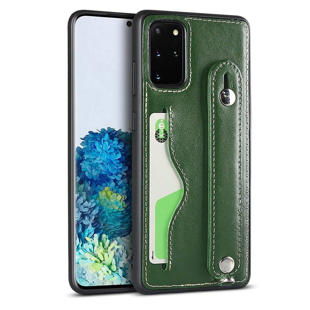 Handy Strap Kickstand Card Holder Genuine Leather Coated TPU Phone Cover with Lanyard for Samsung Galaxy S20 Plus / S20 Plus 5G - Green