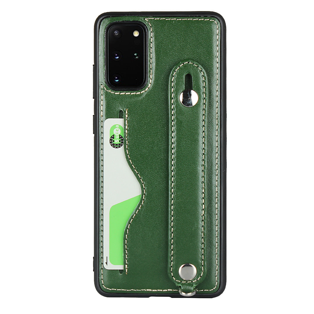 Handy Strap Kickstand Card Holder Genuine Leather Coated TPU Phone Cover with Lanyard for Samsung Galaxy S20 Plus / S20 Plus 5G - Green