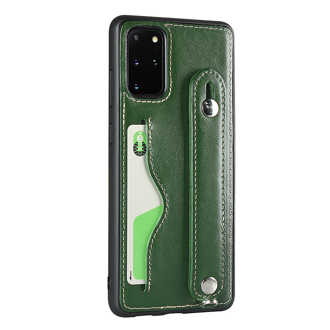 Handy Strap Kickstand Card Holder Genuine Leather Coated TPU Phone Cover with Lanyard for Samsung Galaxy S20 Plus / S20 Plus 5G - Green