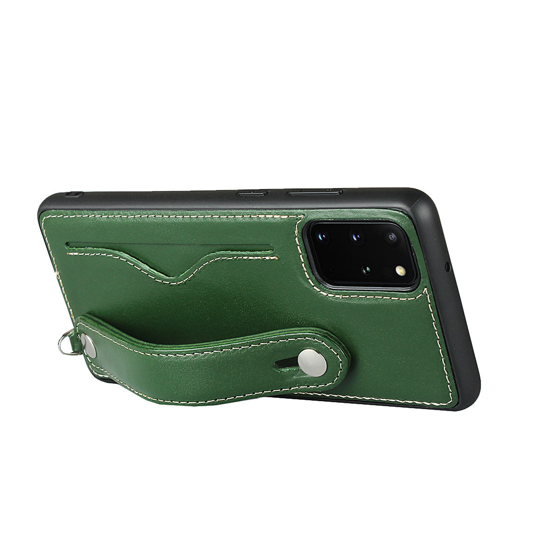 Handy Strap Kickstand Card Holder Genuine Leather Coated TPU Phone Cover with Lanyard for Samsung Galaxy S20 Plus / S20 Plus 5G - Green