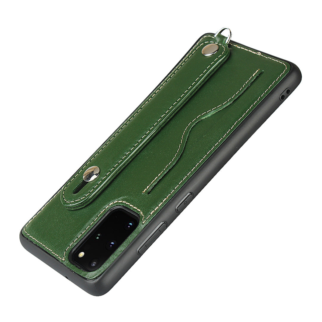 Handy Strap Kickstand Card Holder Genuine Leather Coated TPU Phone Cover with Lanyard for Samsung Galaxy S20 Plus / S20 Plus 5G - Green