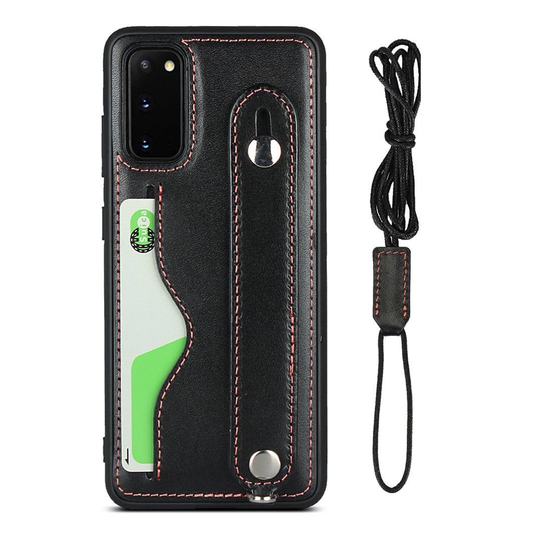 Handy Strap Kickstand Card Holder Genuine Leather Coated TPU Cover with Lanyard for Samsung Galaxy S20 4G/S20 5G - Black