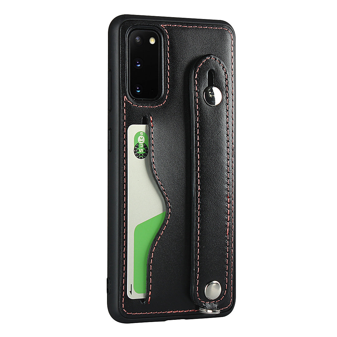 Handy Strap Kickstand Card Holder Genuine Leather Coated TPU Cover with Lanyard for Samsung Galaxy S20 4G/S20 5G - Black