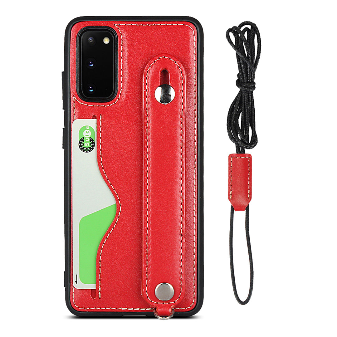 Handy Strap Kickstand Card Holder Genuine Leather Coated TPU Cover with Lanyard for Samsung Galaxy S20 4G/S20 5G - Red