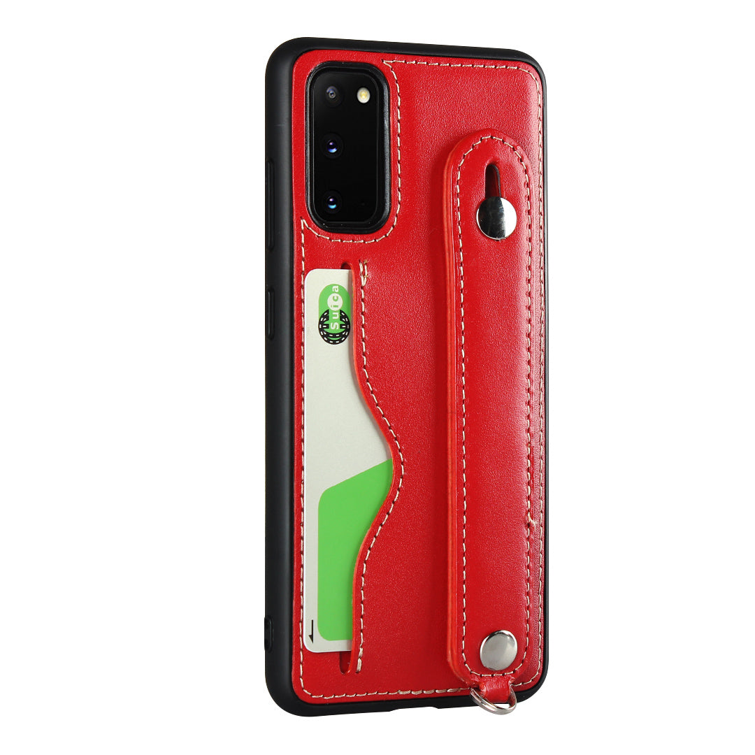 Handy Strap Kickstand Card Holder Genuine Leather Coated TPU Cover with Lanyard for Samsung Galaxy S20 4G/S20 5G - Red