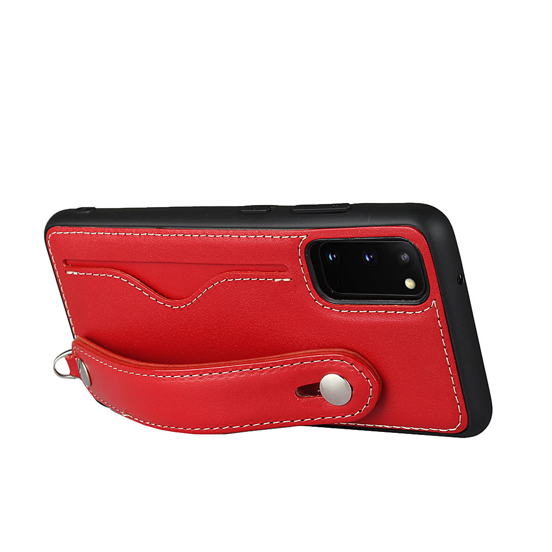 Handy Strap Kickstand Card Holder Genuine Leather Coated TPU Cover with Lanyard for Samsung Galaxy S20 4G/S20 5G - Red