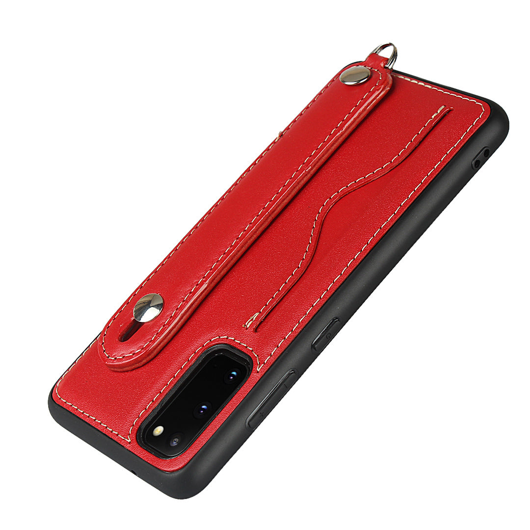 Handy Strap Kickstand Card Holder Genuine Leather Coated TPU Cover with Lanyard for Samsung Galaxy S20 4G/S20 5G - Red