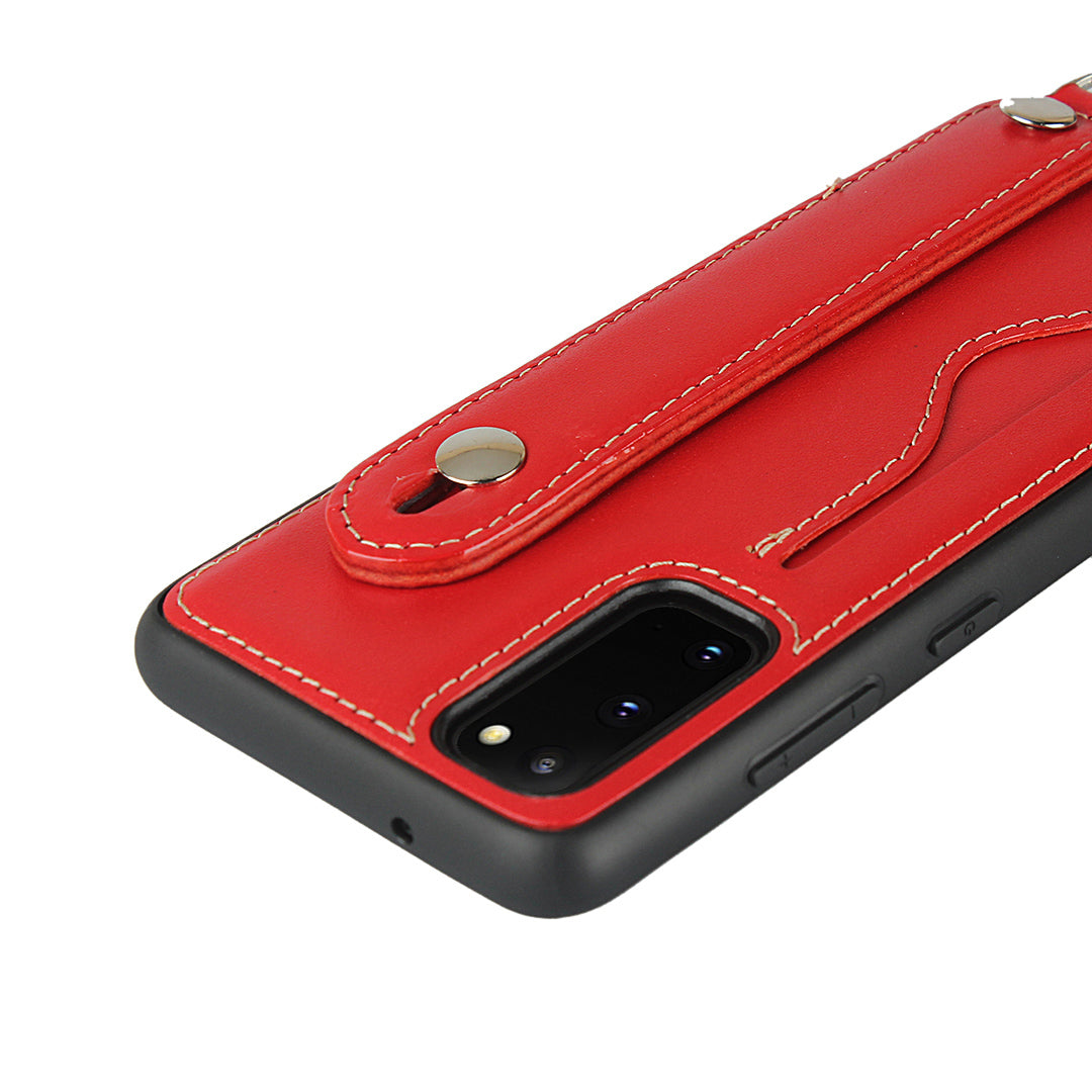 Handy Strap Kickstand Card Holder Genuine Leather Coated TPU Cover with Lanyard for Samsung Galaxy S20 4G/S20 5G - Red